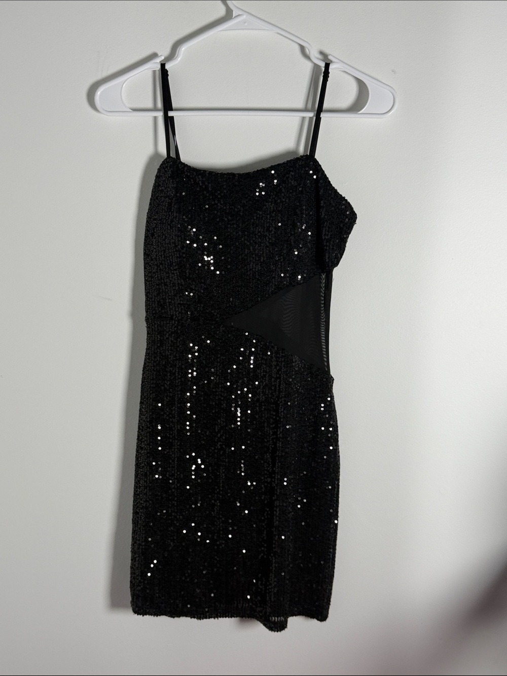 Trixxi black that black mini dress sequin sparkly side mesh built in bra